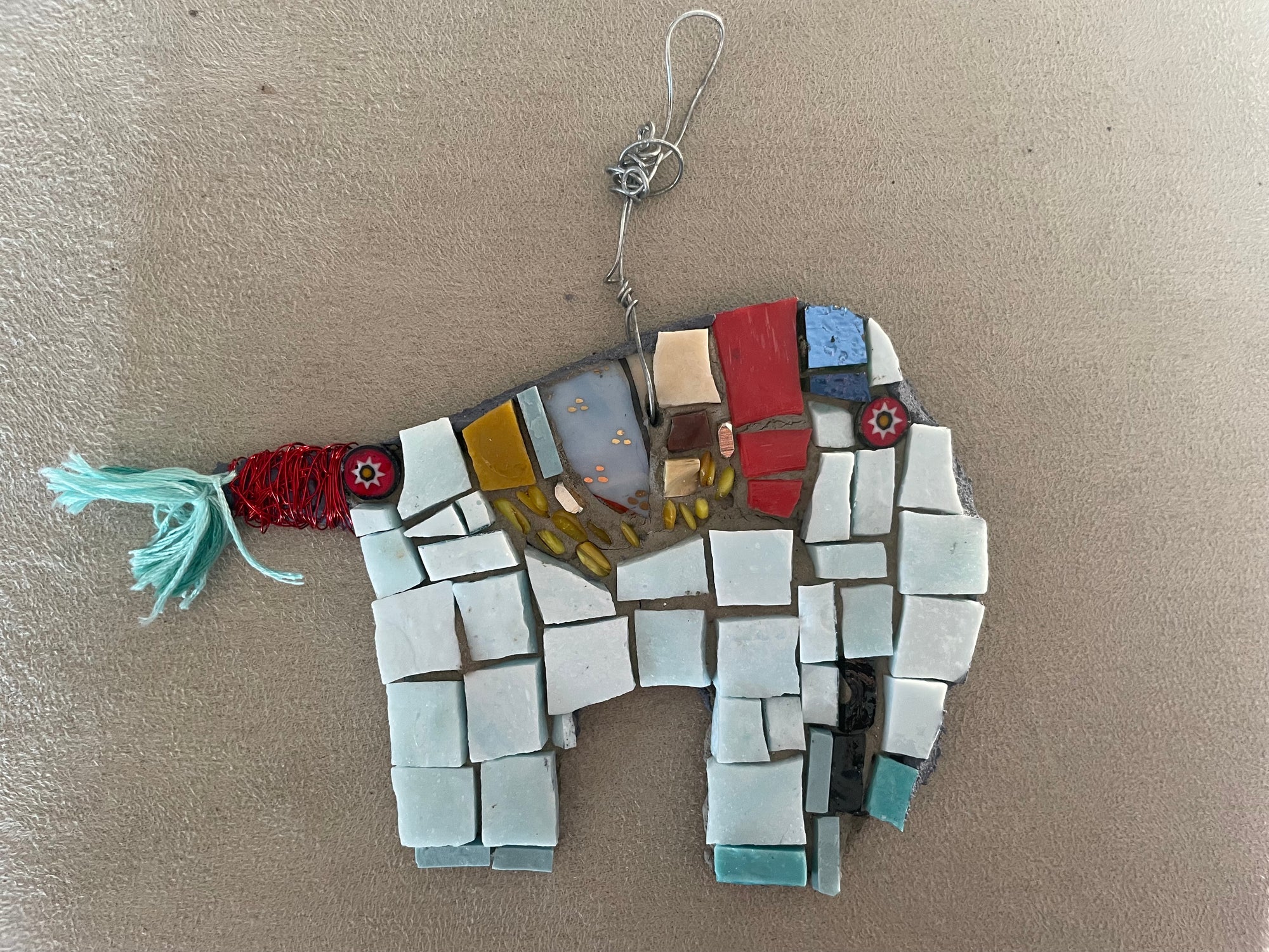 Dainty Pale blue and red Elephant mosaic artwork handmade  by mosaic artist Sue Leitch