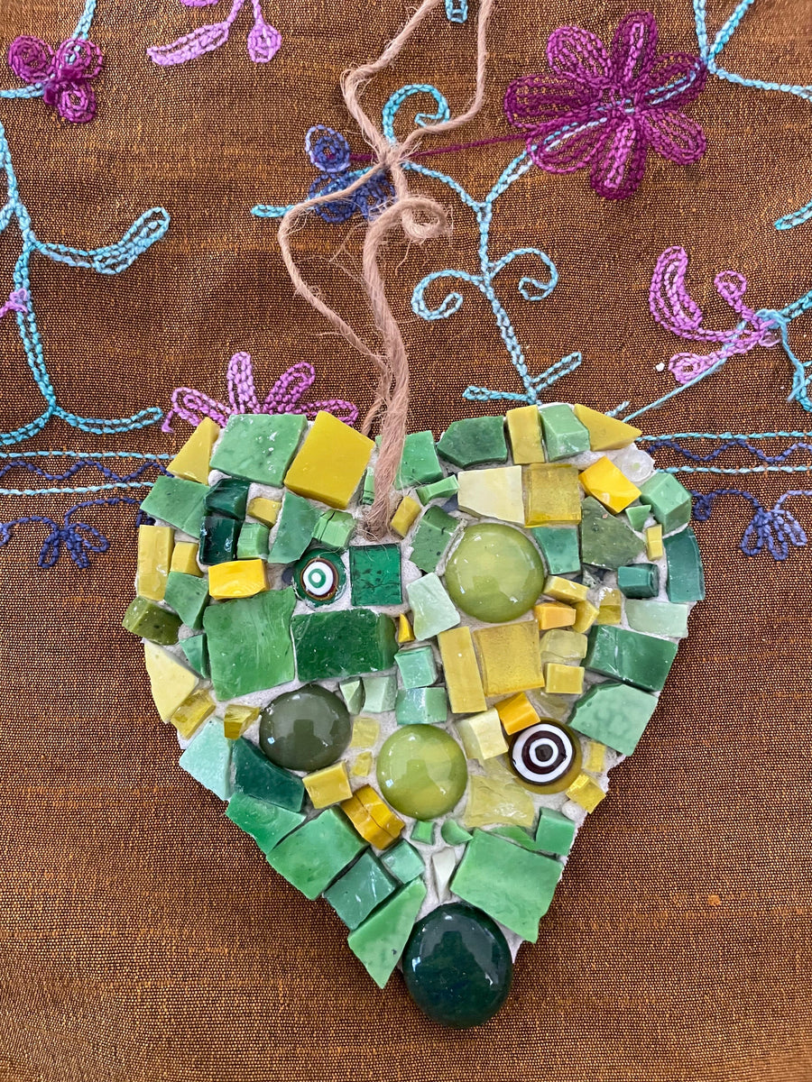 Art by Sue Leitch Small work Green fused glass heart Mosaic artwork handmade .