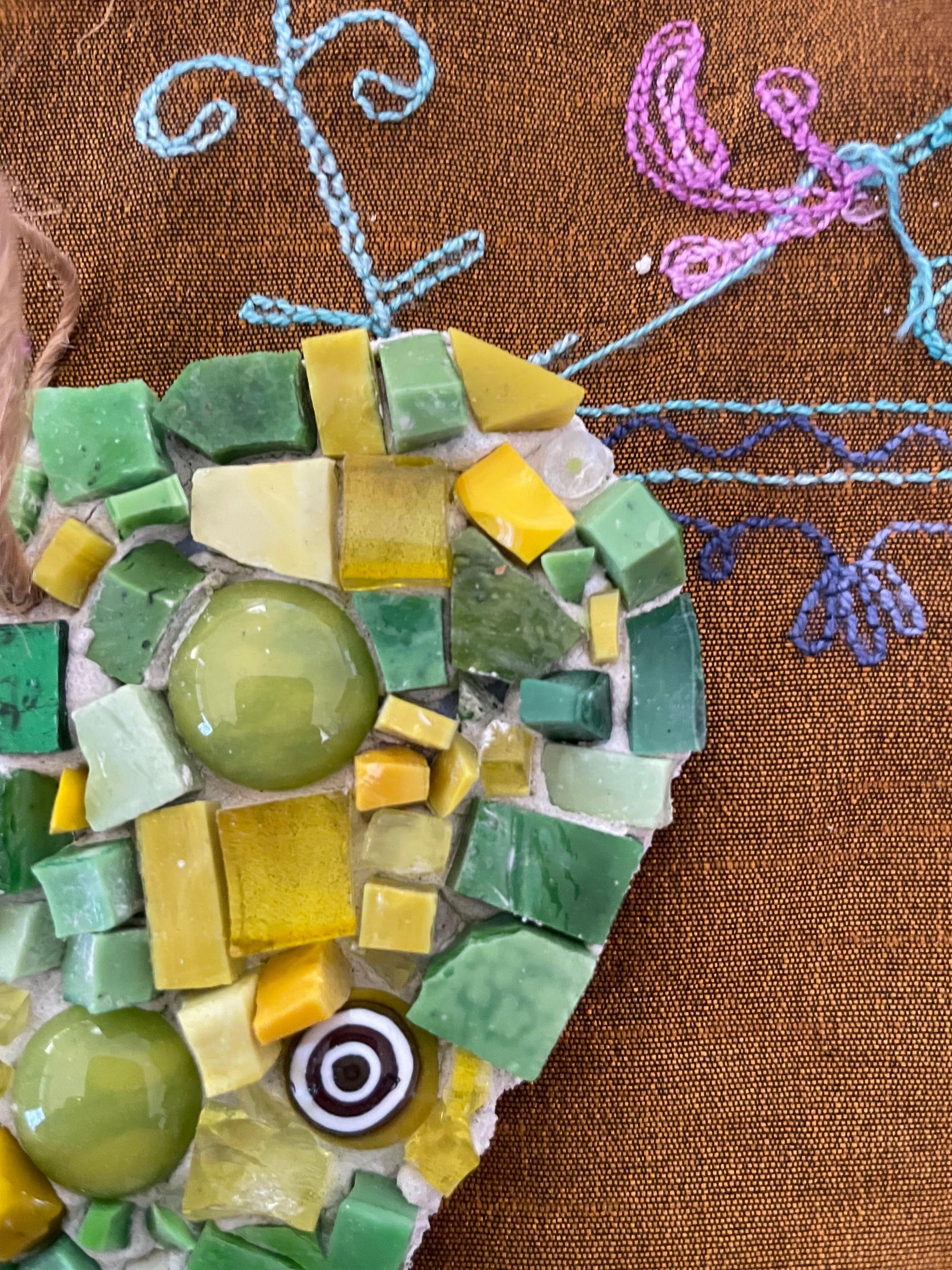 Art by Sue Leitch Small work Green fused glass heart Mosaic artwork handmade .