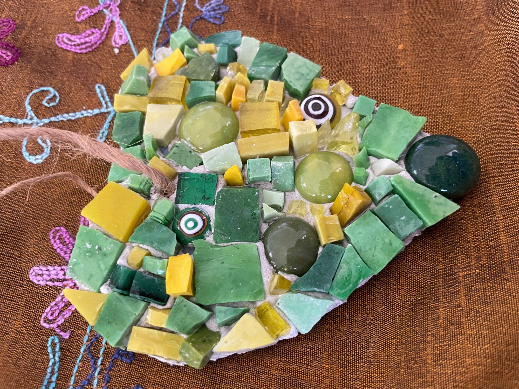 Art by Sue Leitch Small work Green fused glass heart Mosaic artwork handmade .