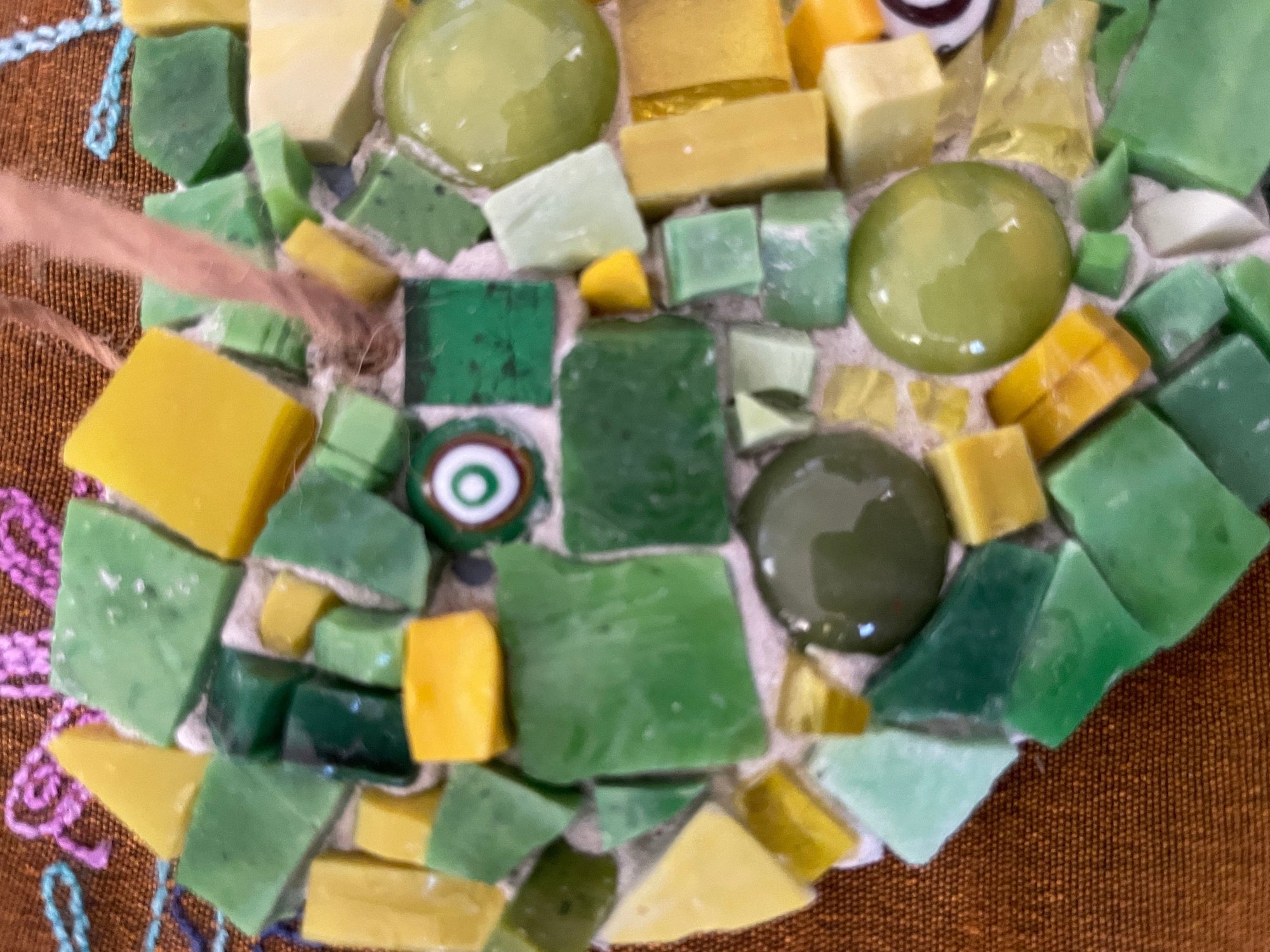 Art by Sue Leitch Small work Green fused glass heart Mosaic artwork handmade .