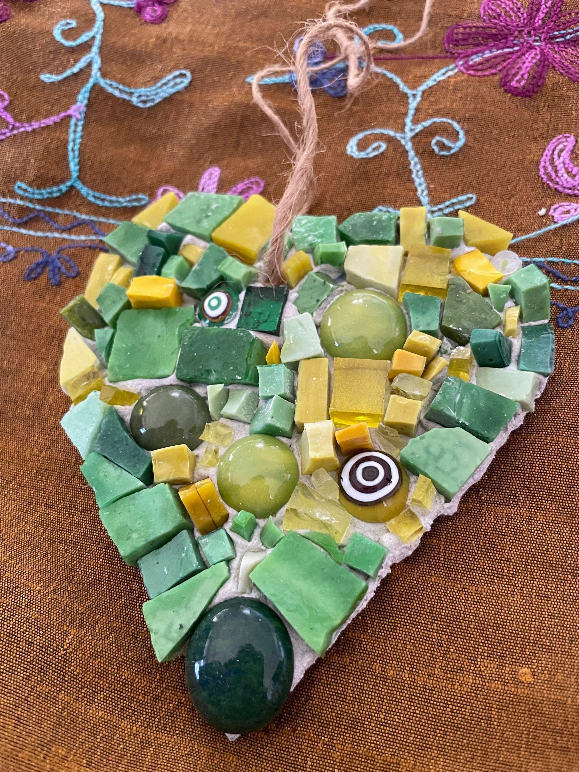 Art by Sue Leitch Small work Green fused glass heart Mosaic artwork handmade .