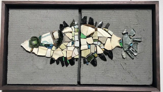 Art by Sue Leitch Wall hanging mosaic Mosaic fish - creams and greens