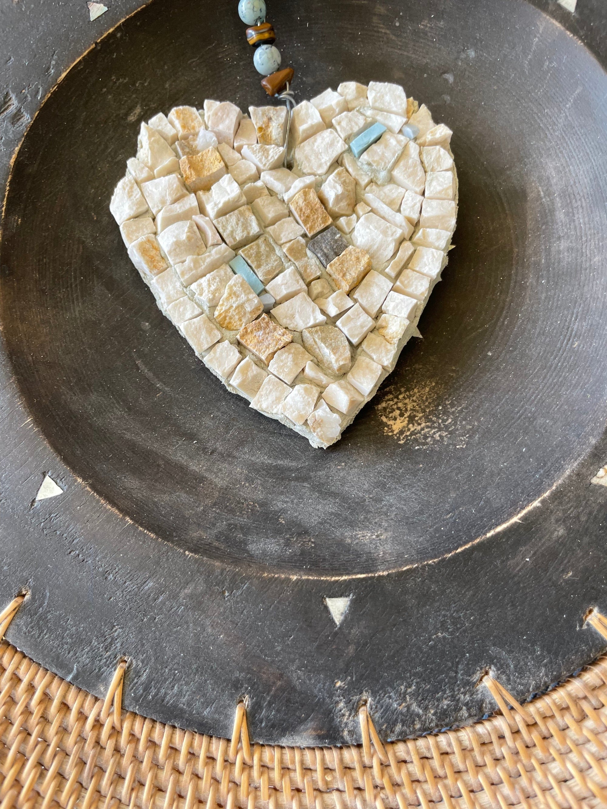 WinterCreek Mosaics Heart mosaic ; This artwork in marble with pale blue highlights is  country core decor - features a wire hanger with beads and tiger eyes