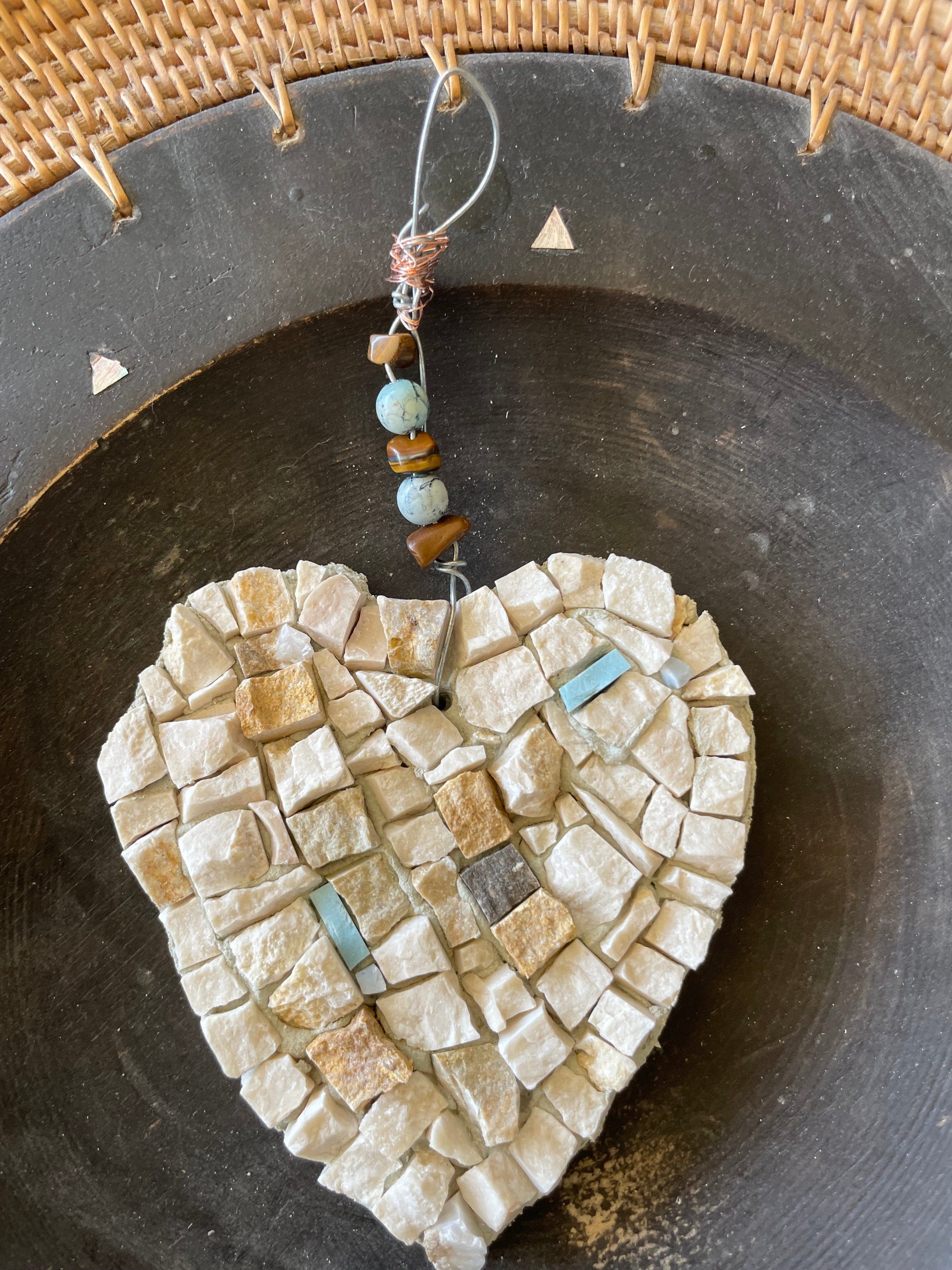 WinterCreek Mosaics Heart mosaic ; This artwork in marble with pale blue highlights is  country core decor - features a wire hanger with beads and tiger eyes