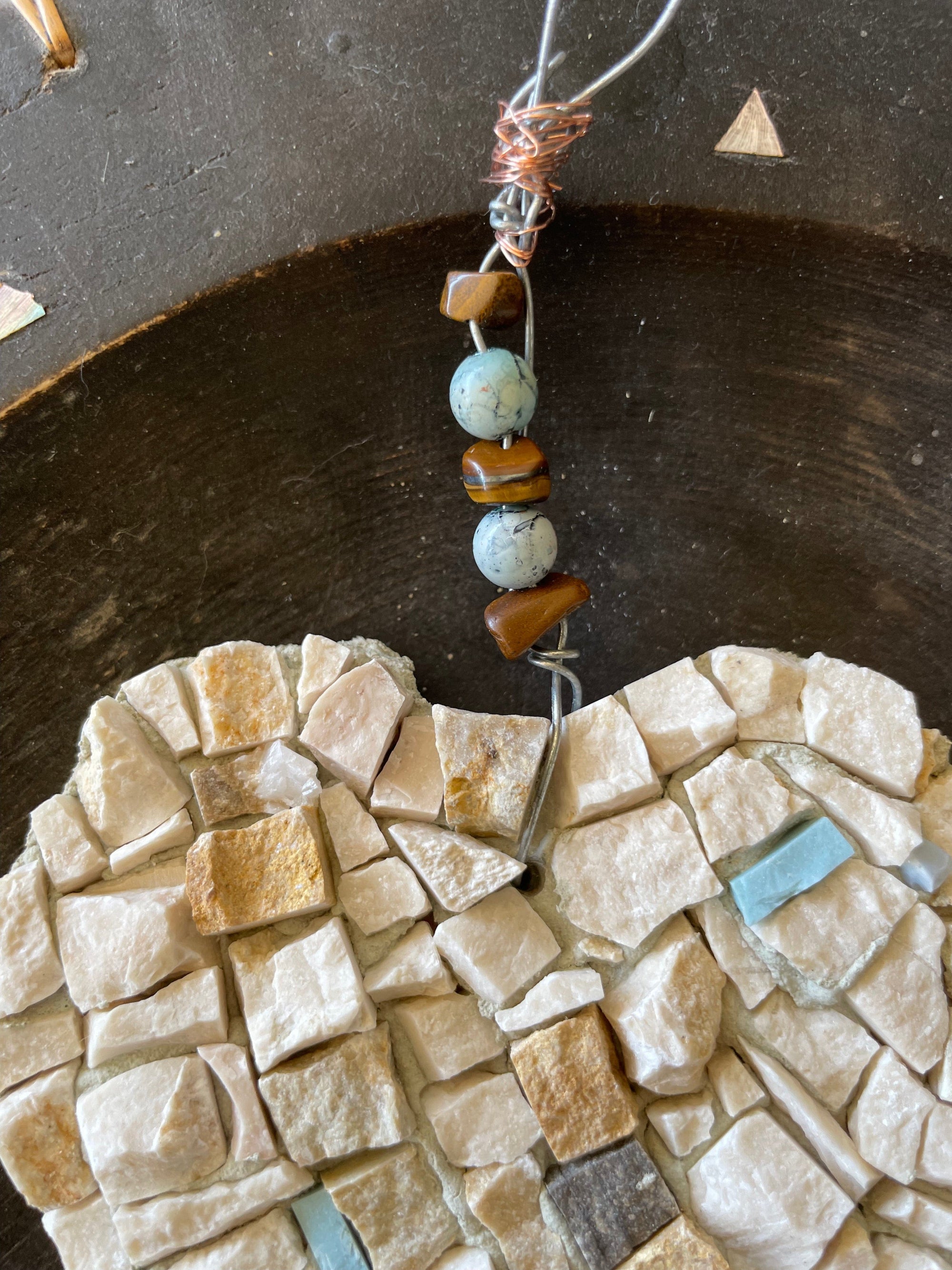 WinterCreek Mosaics Heart mosaic ; This artwork in marble with pale blue highlights is  country core decor - features a wire hanger with beads and tiger eyes