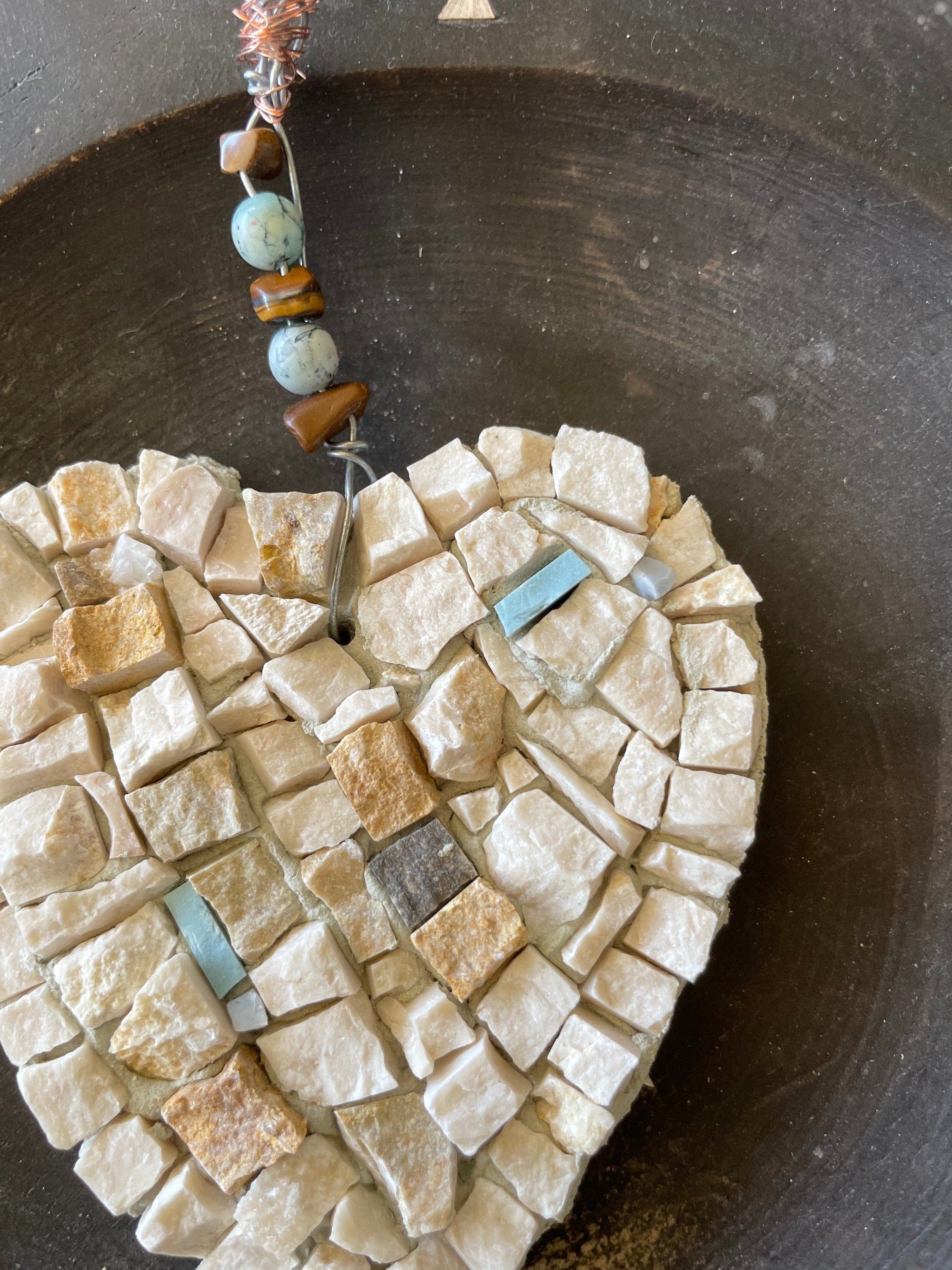 WinterCreek Mosaics Heart mosaic ; This artwork in marble with pale blue highlights is  country core decor - features a wire hanger with beads and tiger eyes