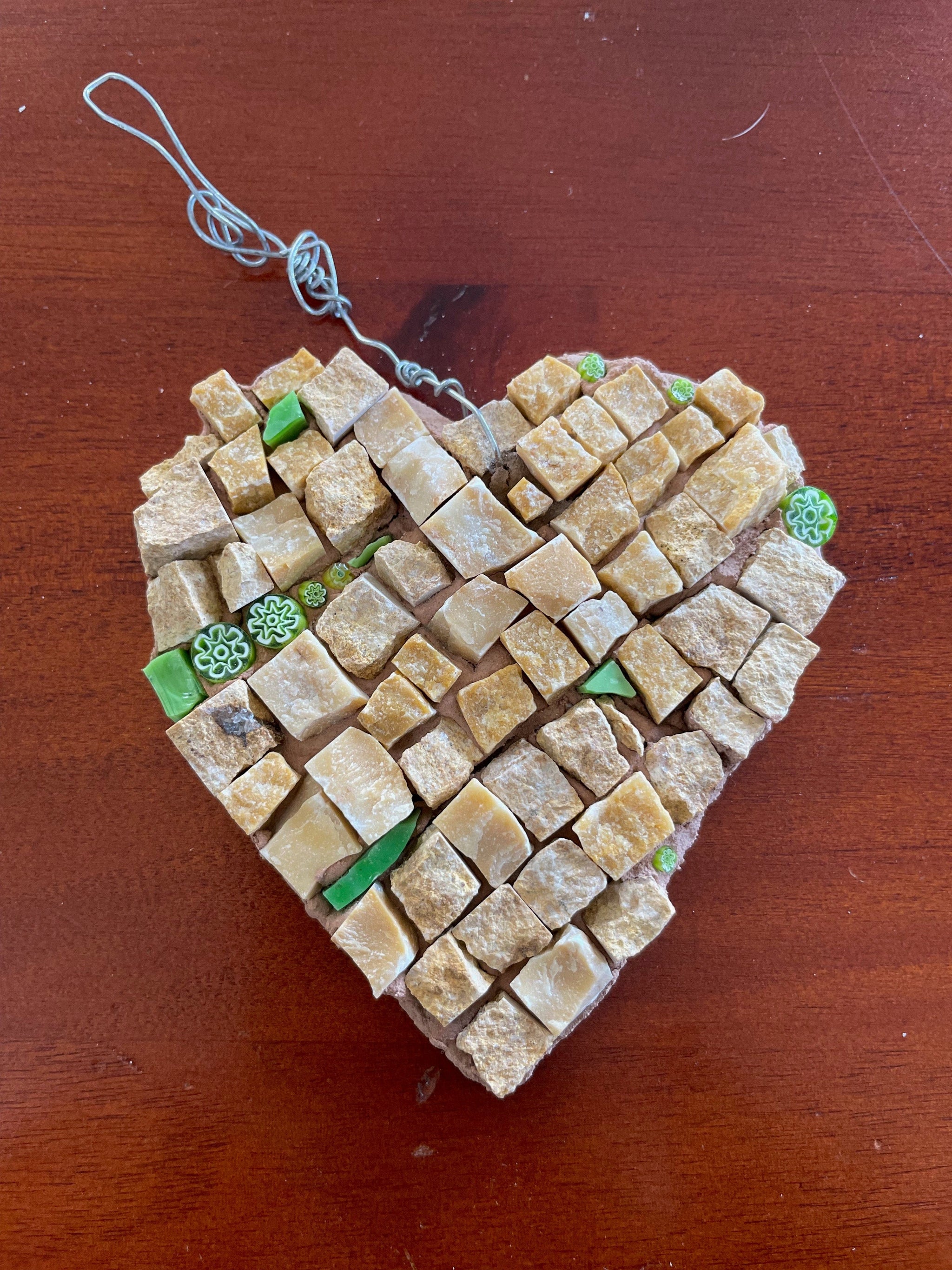 Mosaic artwork; this marble mosaic 💚 heart for cottage-core decor has green highlights