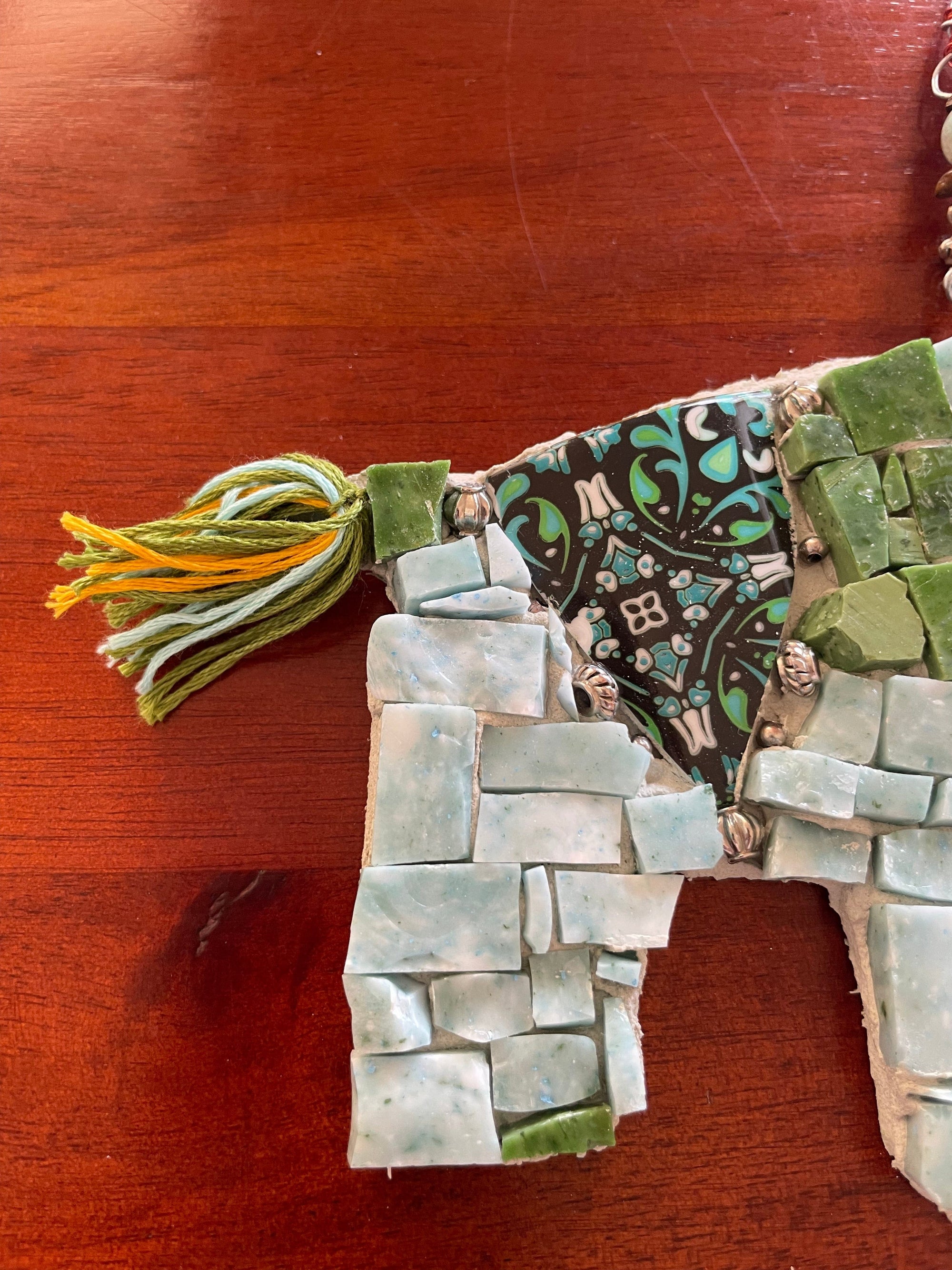 WinterCreek Mosaics Small work Elephant mosaic in soft and vibrant green artwork handmade  by mosaic artist Sue Leitch; ideal for a nursery or kid's bedroom ready to hang.