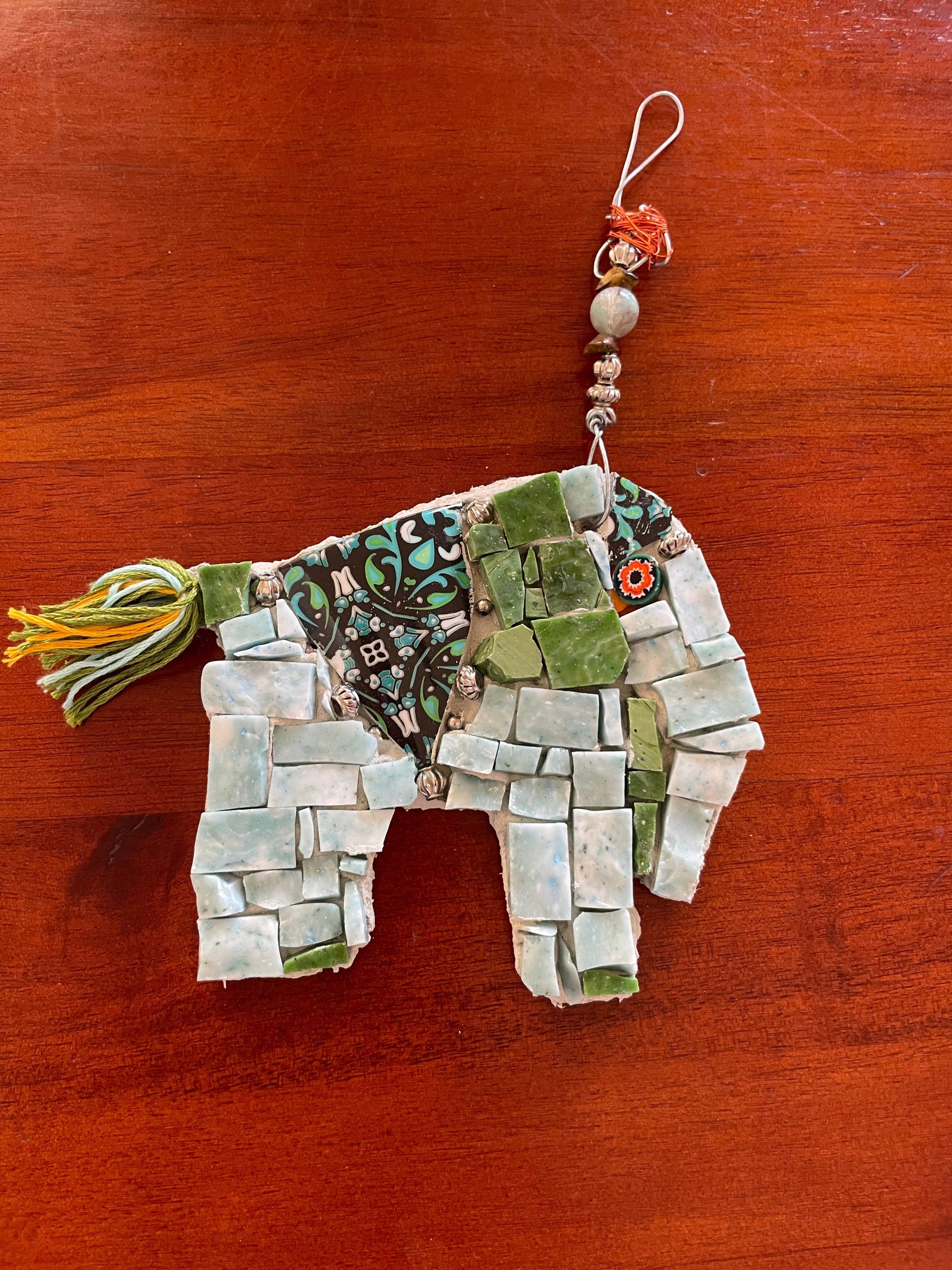 WinterCreek Mosaics Small work Elephant mosaic in soft and vibrant green artwork handmade  by mosaic artist Sue Leitch; ideal for a nursery or kid's bedroom ready to hang.