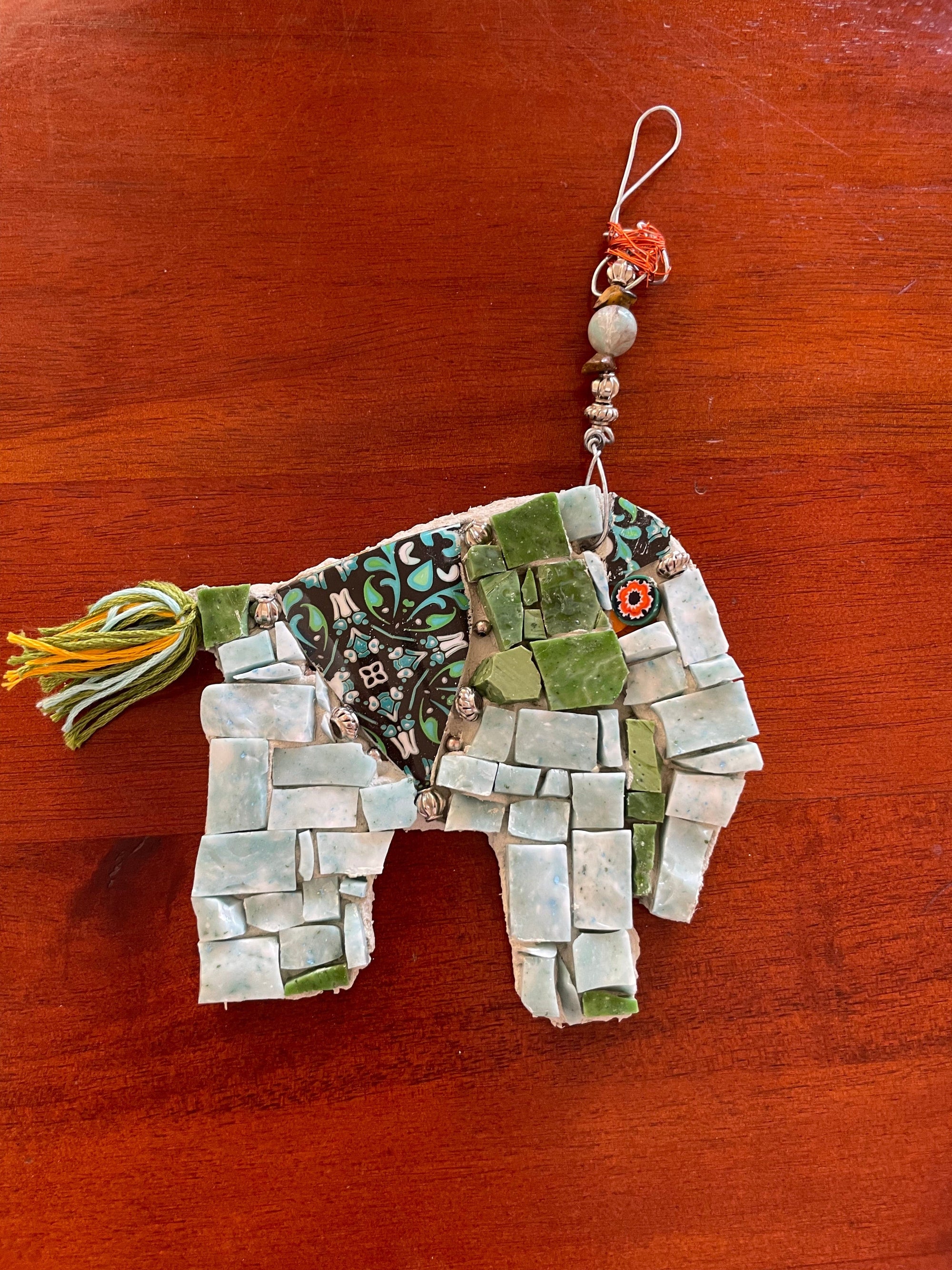 WinterCreek Mosaics Small work Elephant mosaic in soft and vibrant green artwork handmade  by mosaic artist Sue Leitch; ideal for a nursery or kid's bedroom ready to hang.