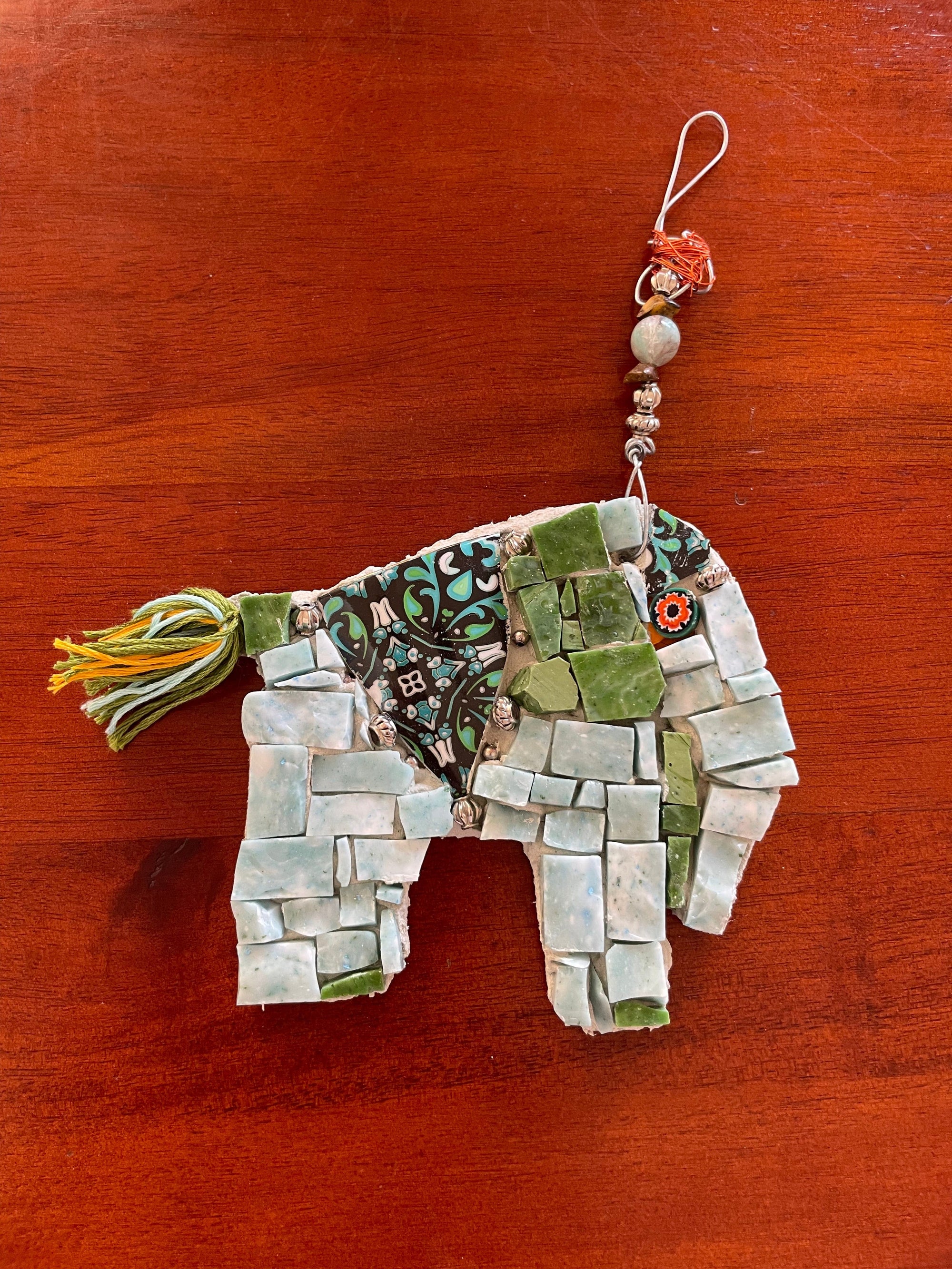 WinterCreek Mosaics Small work Elephant mosaic in soft and vibrant green artwork handmade  by mosaic artist Sue Leitch; ideal for a nursery or kid's bedroom ready to hang.