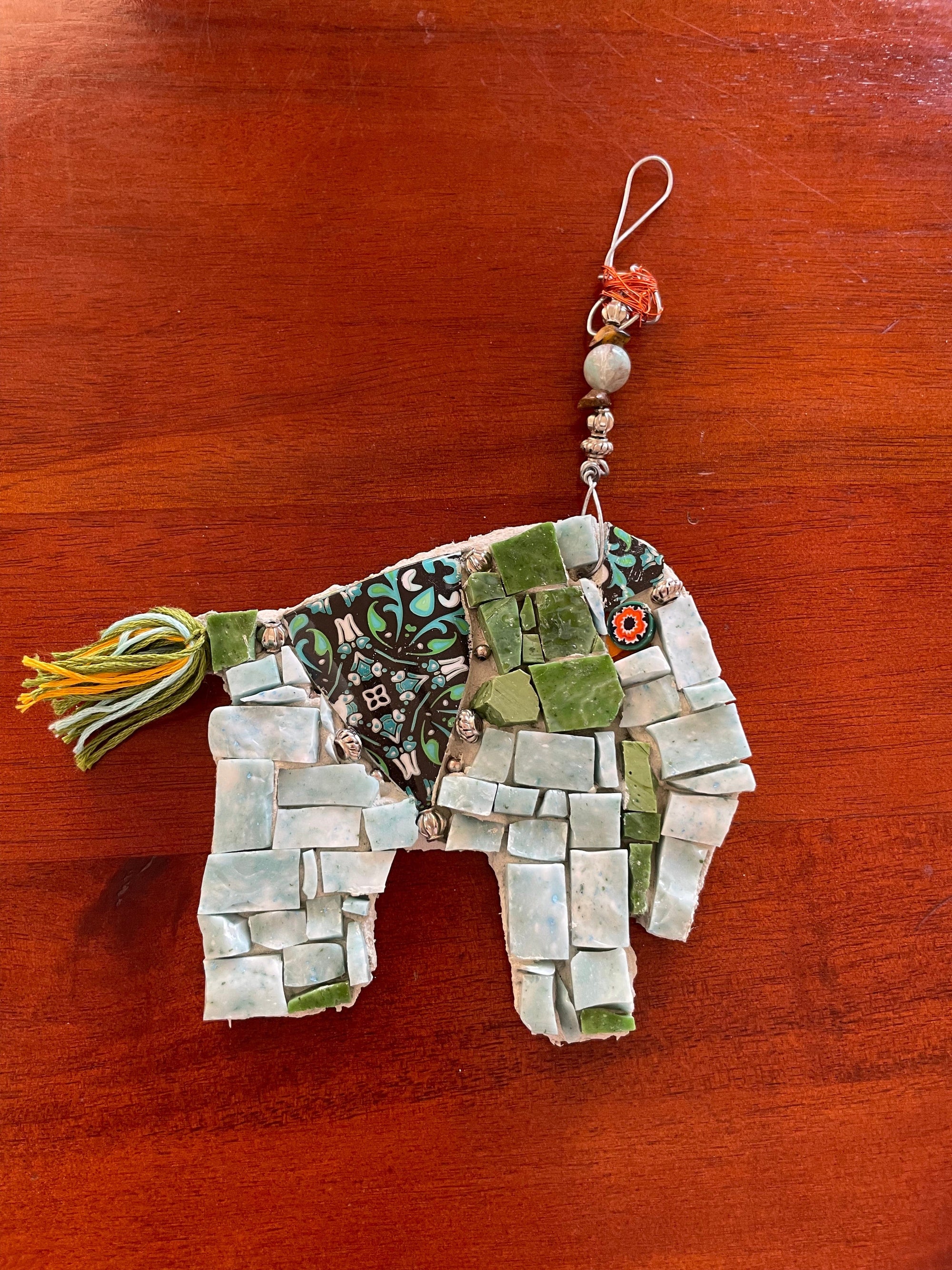 WinterCreek Mosaics Small work Elephant mosaic in soft and vibrant green artwork handmade  by mosaic artist Sue Leitch; ideal for a nursery or kid's bedroom ready to hang.