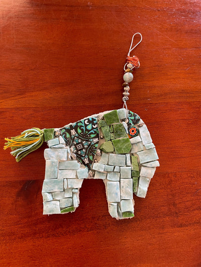 WinterCreek Mosaics Small work Elephant mosaic in soft and vibrant green artwork handmade  by mosaic artist Sue Leitch; ideal for a nursery or kid's bedroom ready to hang.
