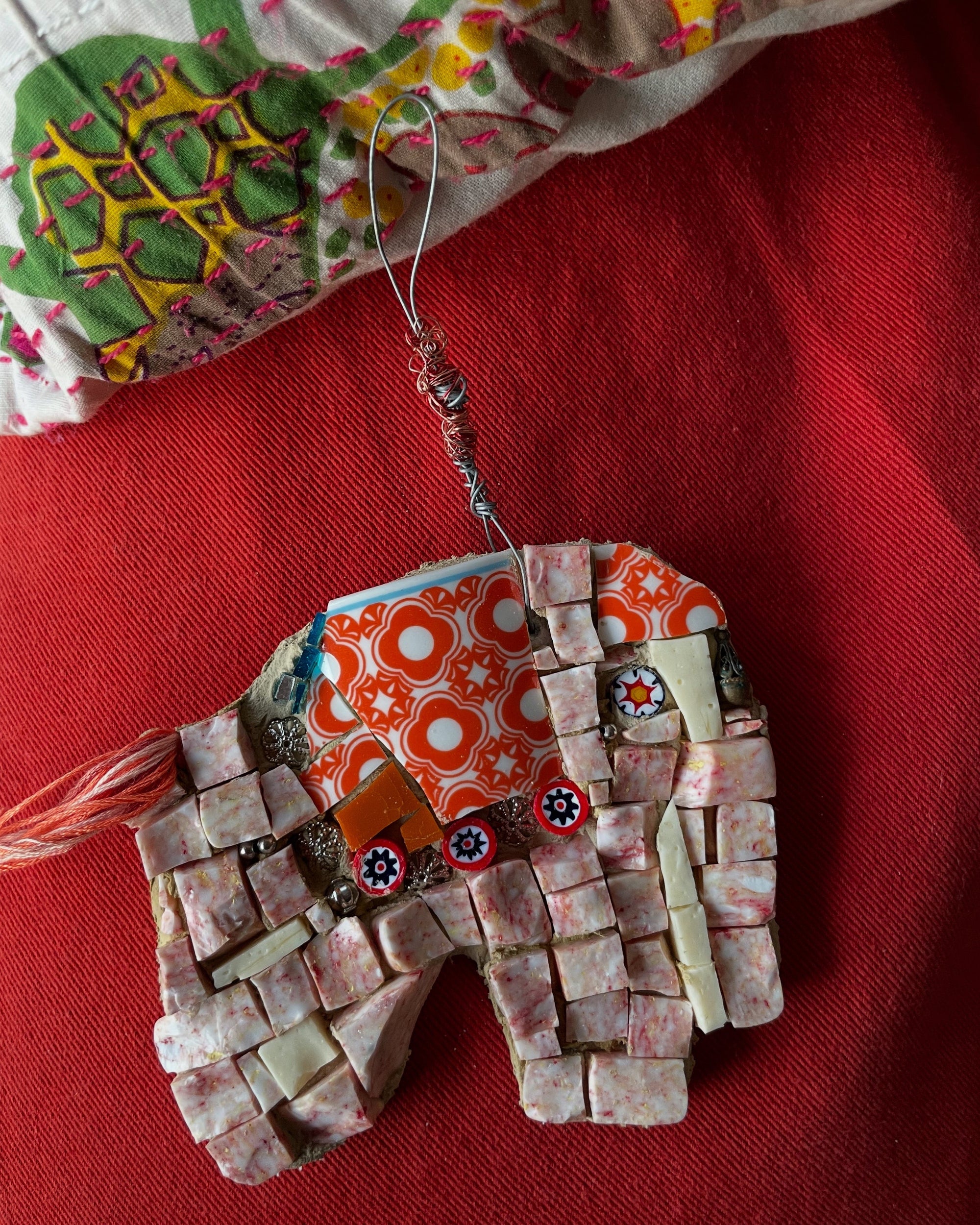 WinterCreek Mosaics Small work Elephant mosaic in soft & vibrant orange artwork handmade  by mosaic artist Sue Leitch; ideal for a nursery or kid's bedroom ready to hang.