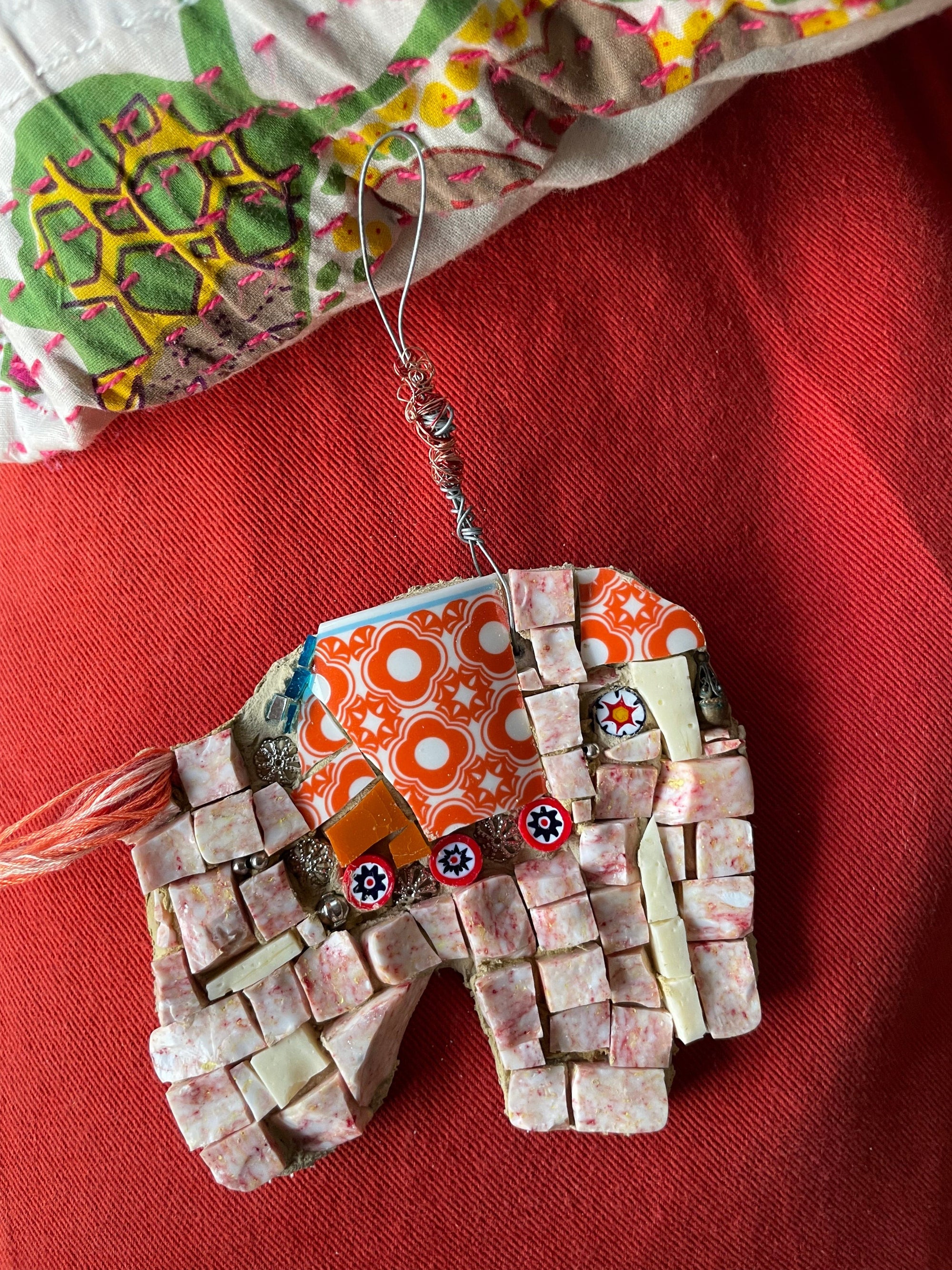 WinterCreek Mosaics Small work Elephant mosaic in soft & vibrant orange artwork handmade  by mosaic artist Sue Leitch; ideal for a nursery or kid's bedroom ready to hang.
