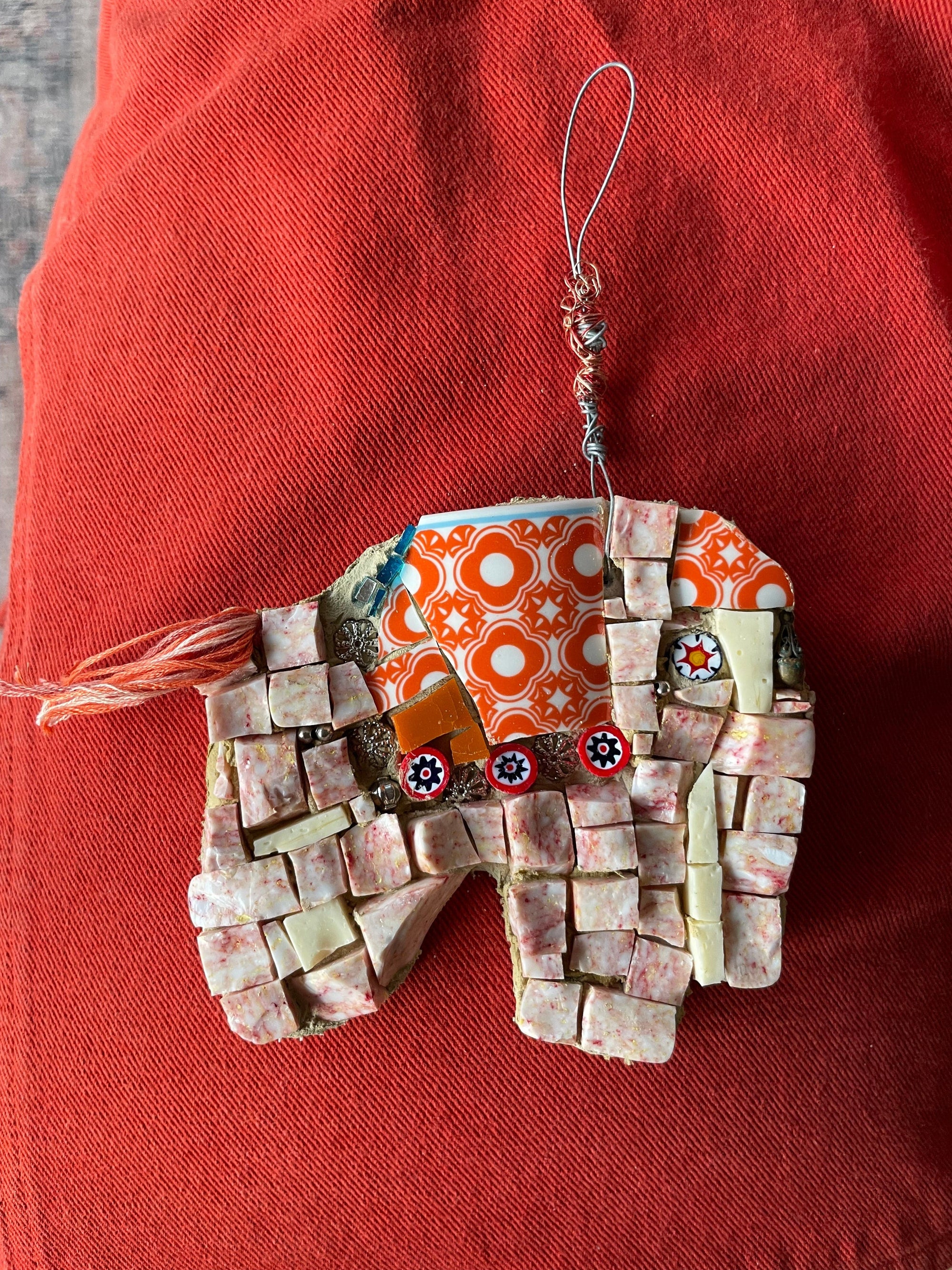 WinterCreek Mosaics Small work Elephant mosaic in soft & vibrant orange artwork handmade  by mosaic artist Sue Leitch; ideal for a nursery or kid's bedroom ready to hang.