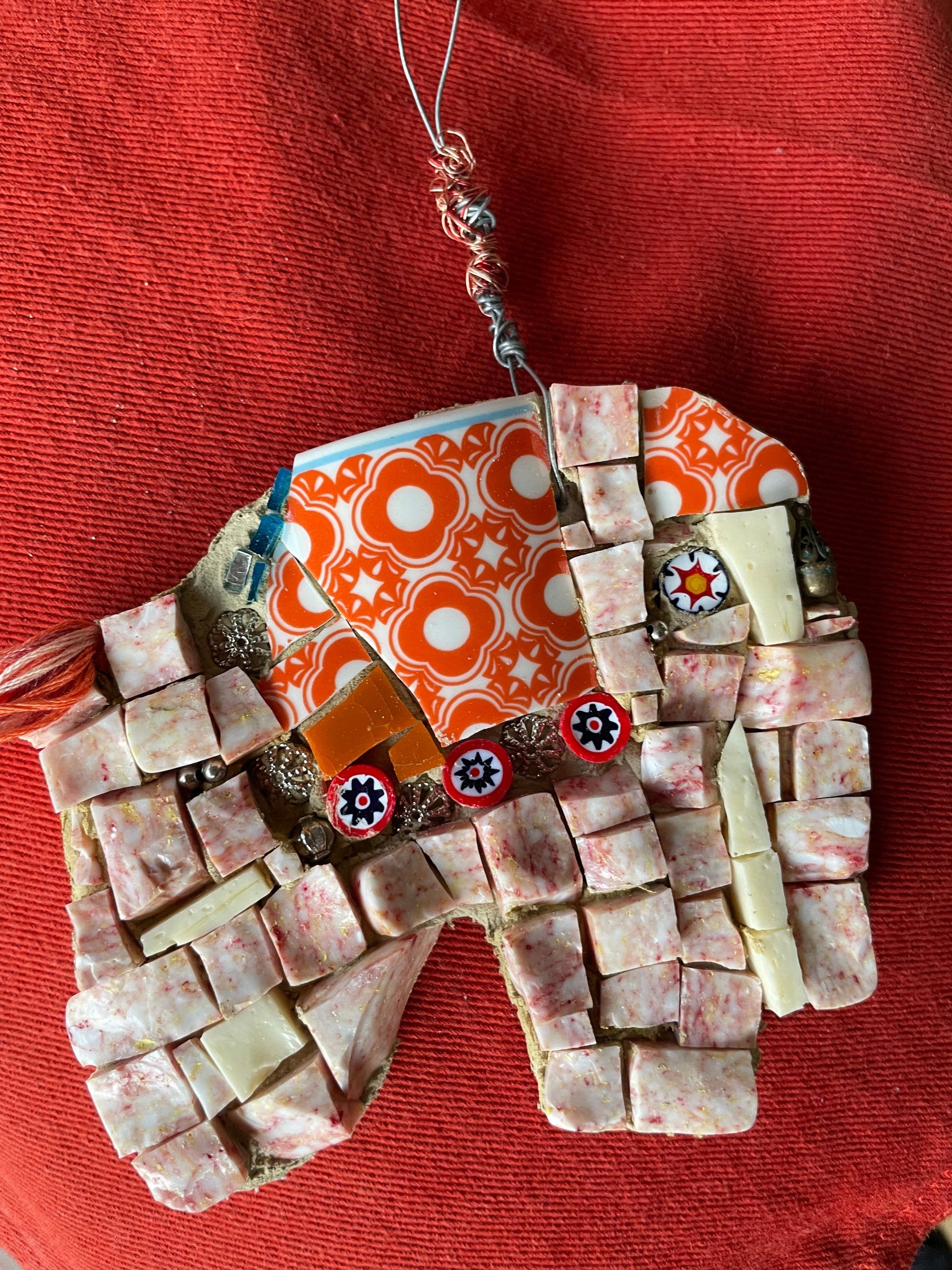 WinterCreek Mosaics Small work Elephant mosaic in soft & vibrant orange artwork handmade  by mosaic artist Sue Leitch; ideal for a nursery or kid's bedroom ready to hang.