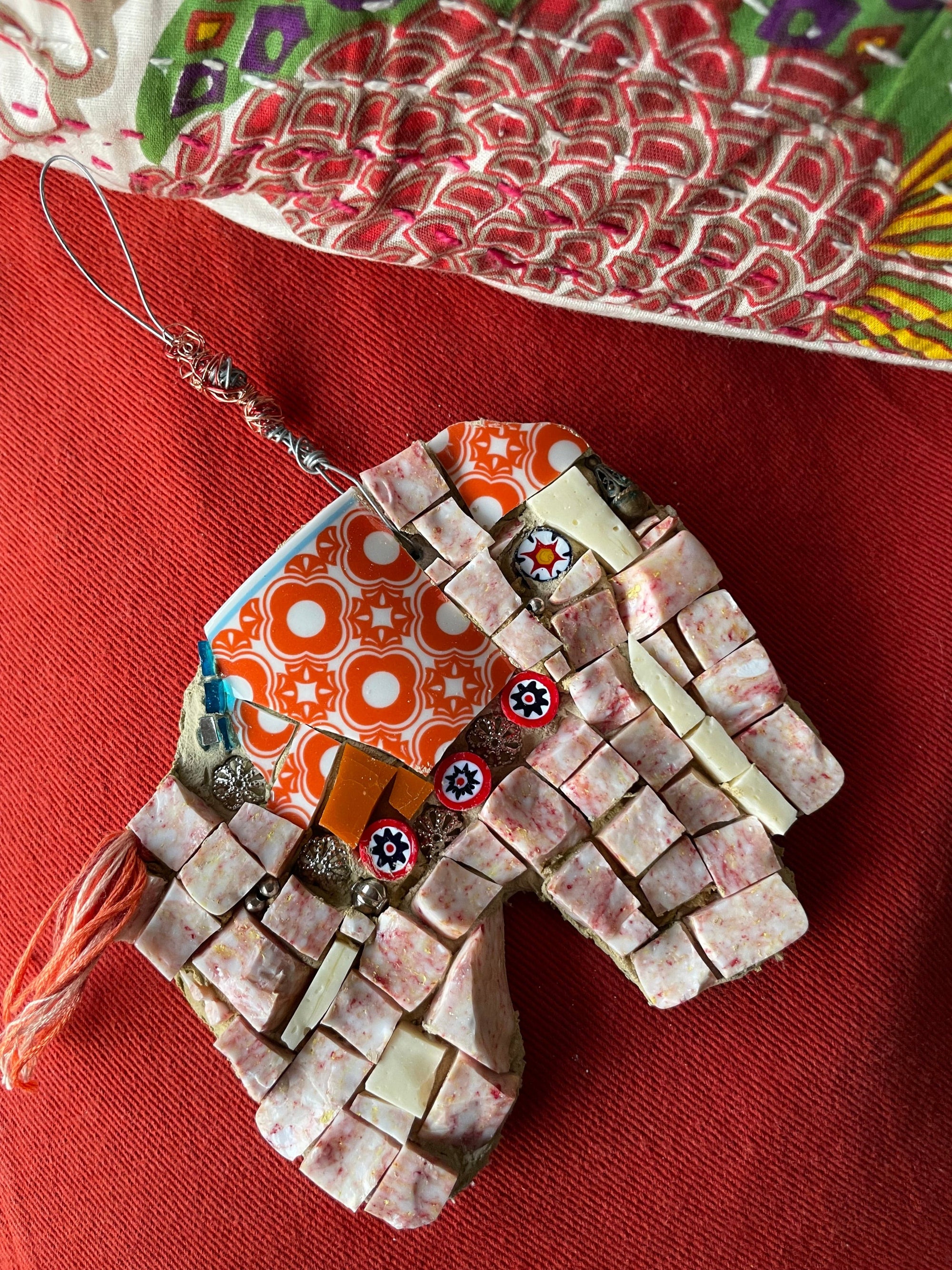 WinterCreek Mosaics Small work Elephant mosaic in soft & vibrant orange artwork handmade  by mosaic artist Sue Leitch; ideal for a nursery or kid's bedroom ready to hang.