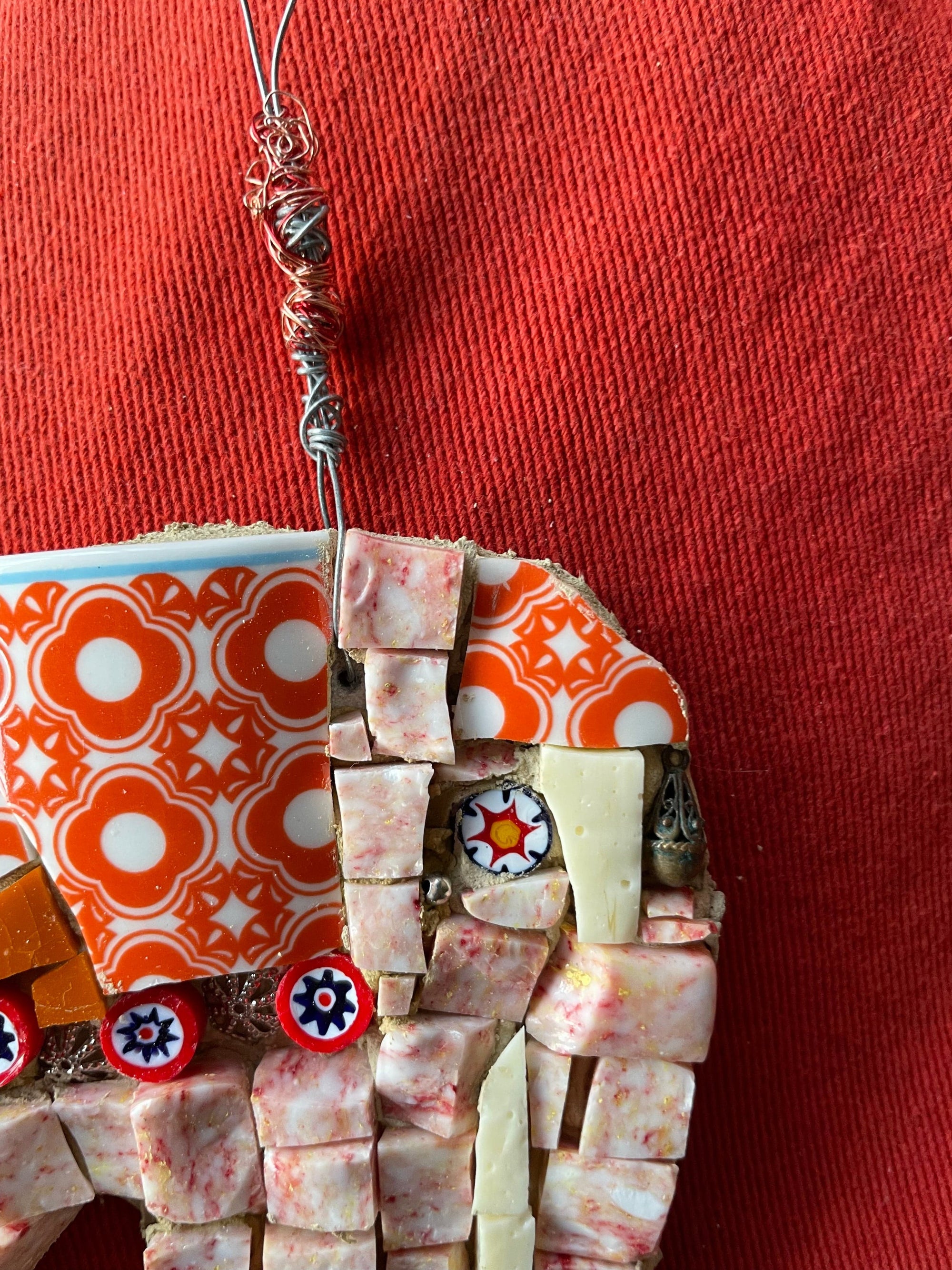 WinterCreek Mosaics Small work Elephant mosaic in soft & vibrant orange artwork handmade  by mosaic artist Sue Leitch; ideal for a nursery or kid's bedroom ready to hang.