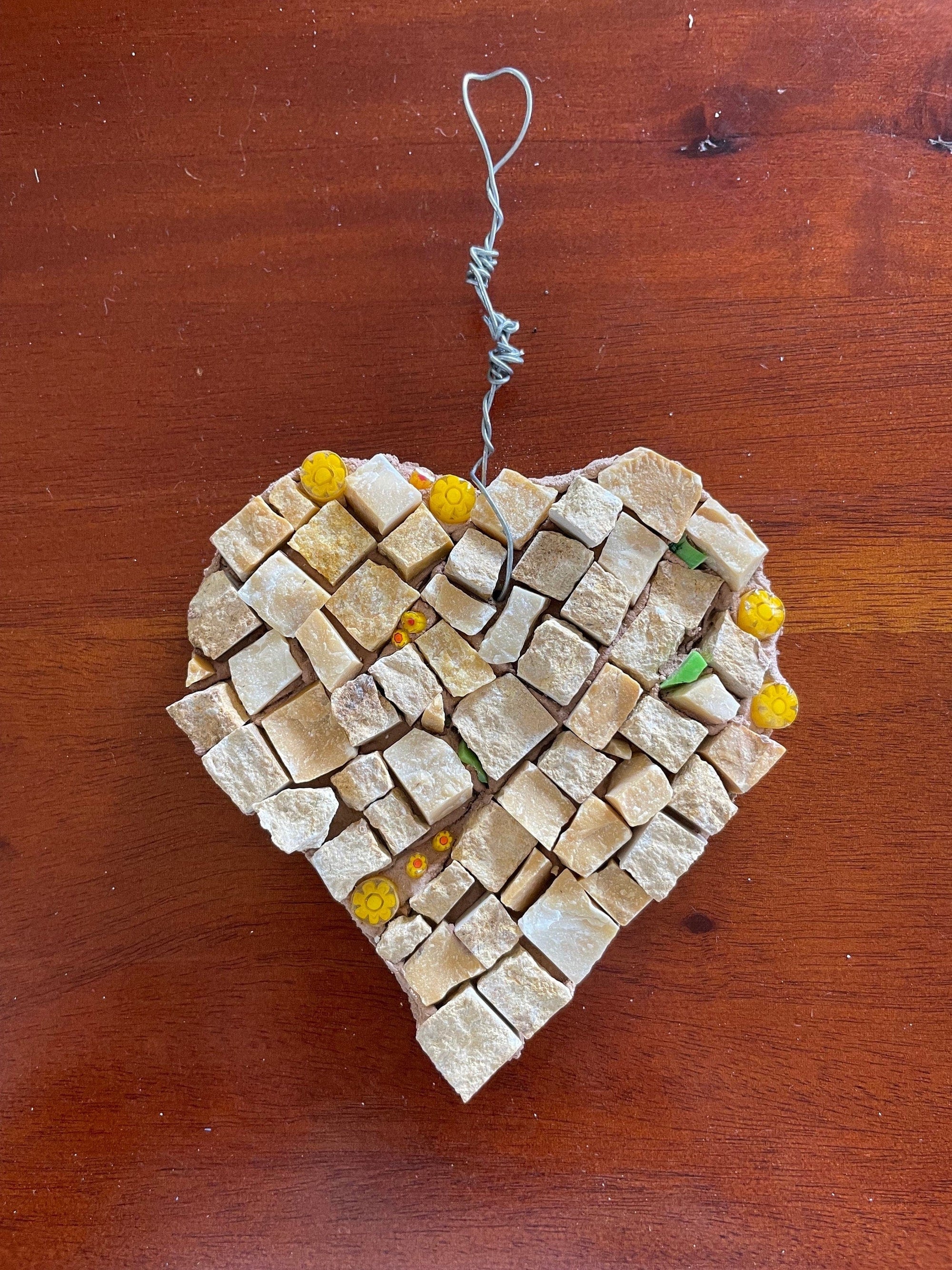 WinterCreek Mosaics Small work Heart mosaic ; This Mosaic artwork is heart shaped with tiny flower beads, farmhouse decor - dandelions growing wild.