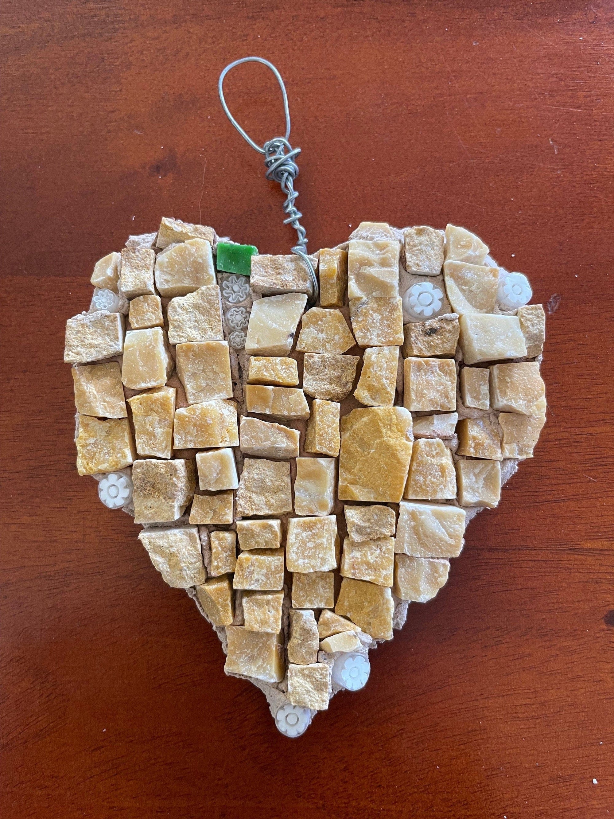 WinterCreek Mosaics Small work Heart mosaic ; This Mosaic artwork is heart shaped with tiny flower beads, farmhouse decor - dandelions growing wild.