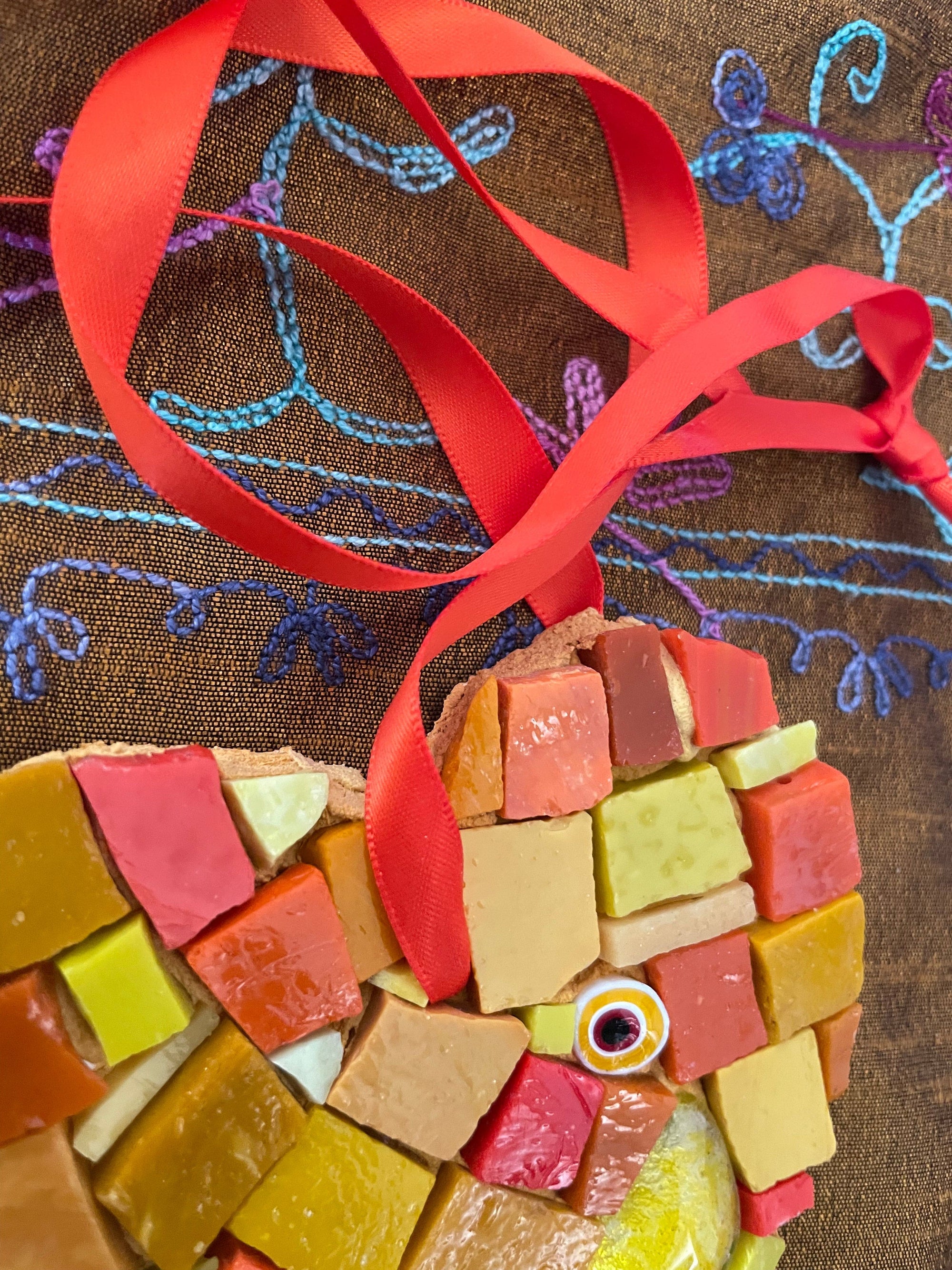 WinterCreek Mosaics Small work Mosaic artwork- This heart is glass artwork in orange colours.