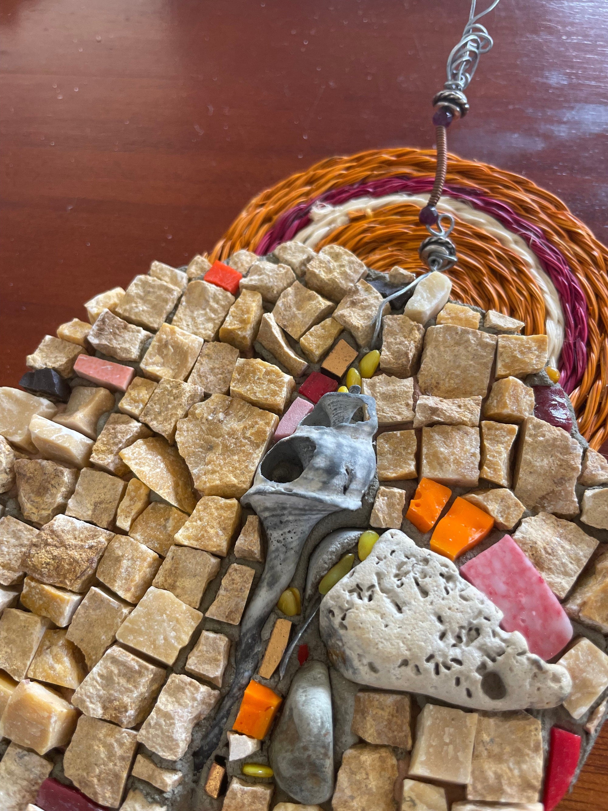 WinterCreek Mosaics Small work Mosaic Mandala artwork with shell and stones - sunset beach colours