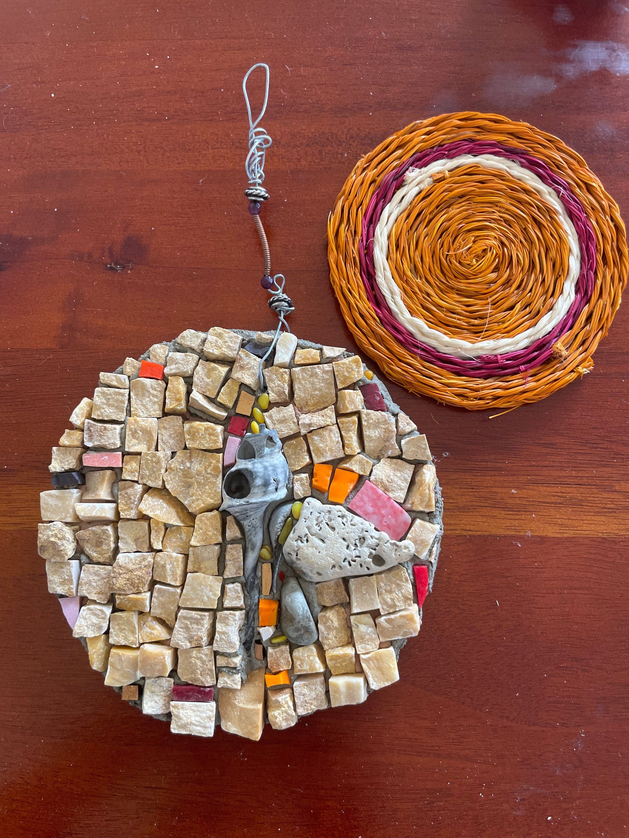 WinterCreek Mosaics Small work Mosaic Mandala artwork with shell and stones - sunset beach colours