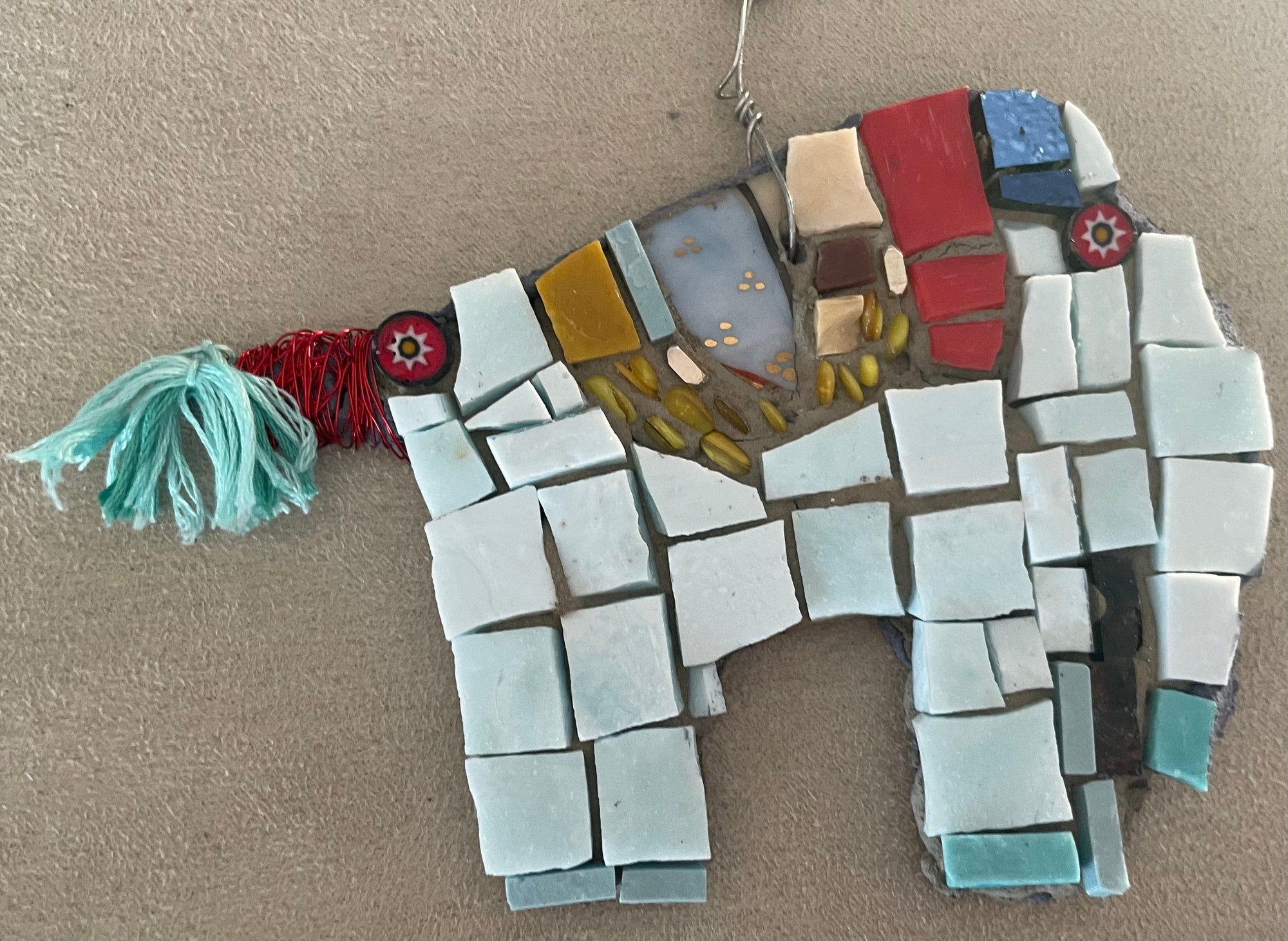 WinterCreek Mosaics wall hanging Dainty Pale blue and red Elephant mosaic artwork handmade  by mosaic artist Sue Leitch