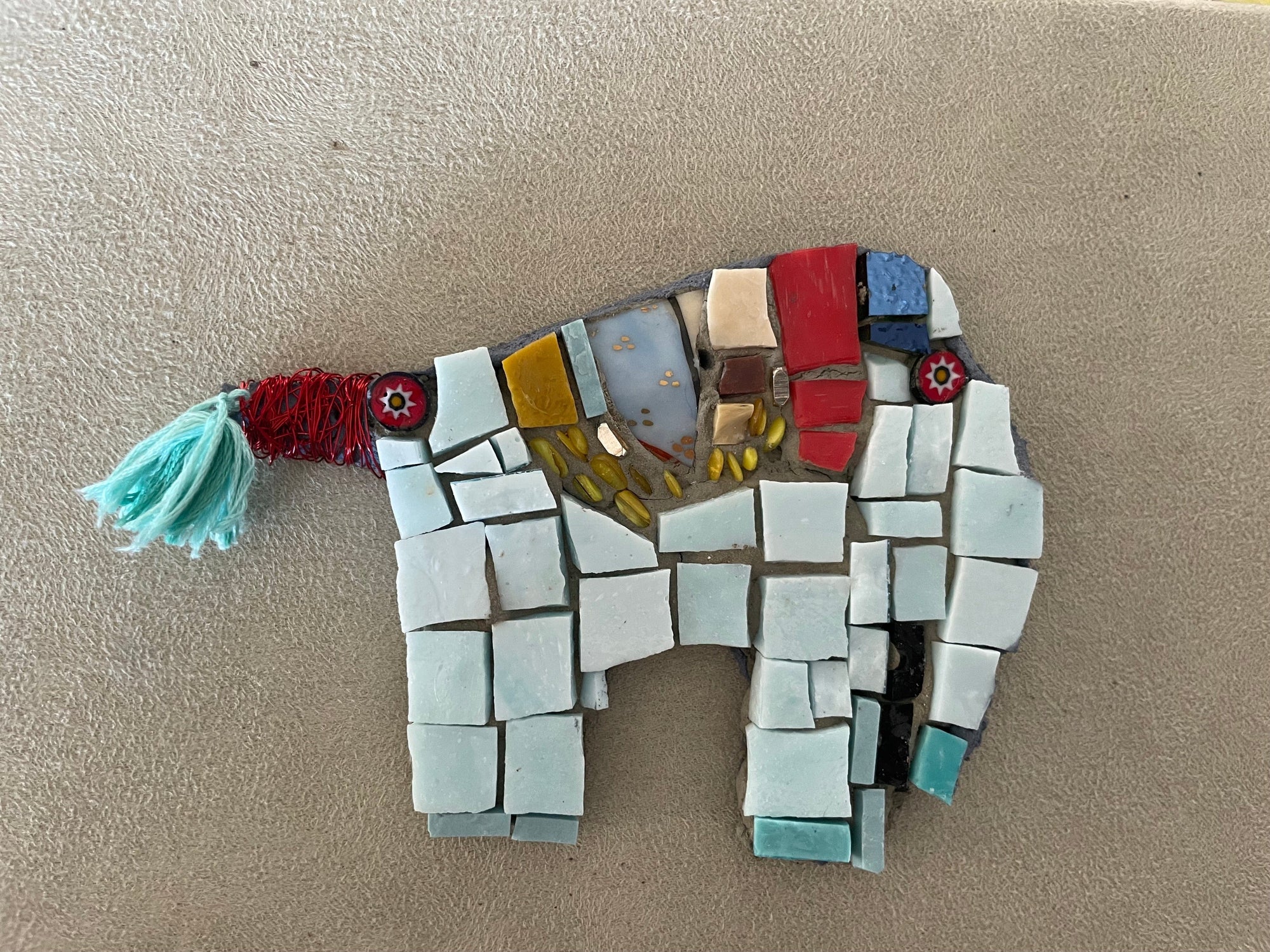 WinterCreek Mosaics wall hanging Dainty Pale blue and red Elephant mosaic artwork handmade  by mosaic artist Sue Leitch